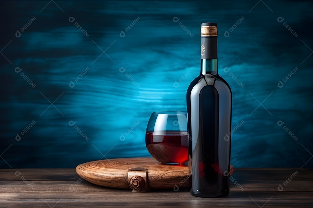 Garrafa e taça de vinho sobre tábua de madeira