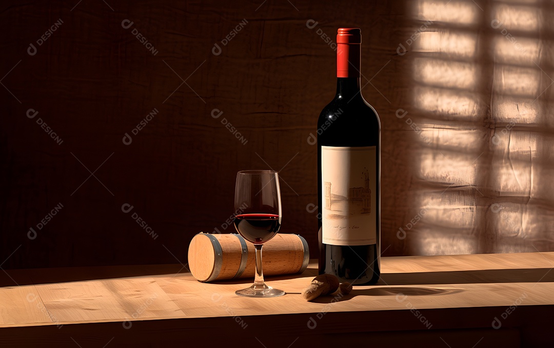 Garrafa e taça de vinho sobre mesa de madeira