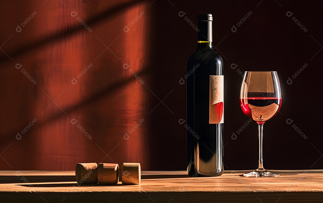 Garrafa e taça de vinho sobre mesa de madeira