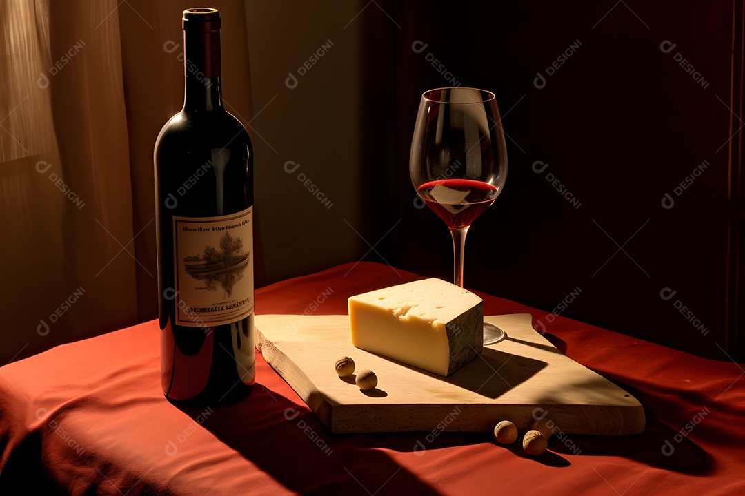 Garrafa e taça de vinho sobre a mesa com petiscos de queijo