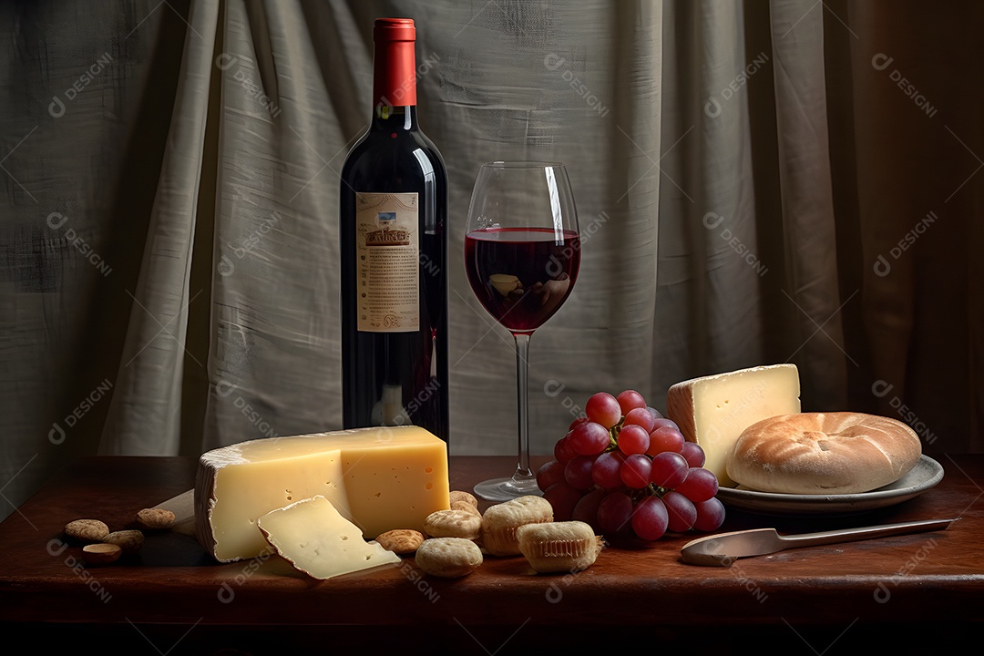 Garrafa e taça de vinho sobre a mesa com petiscos