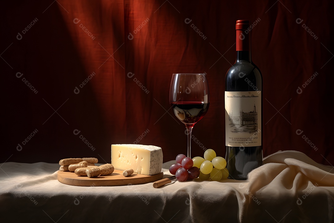 Garrafa e taça de vinho sobre a mesa com petiscos