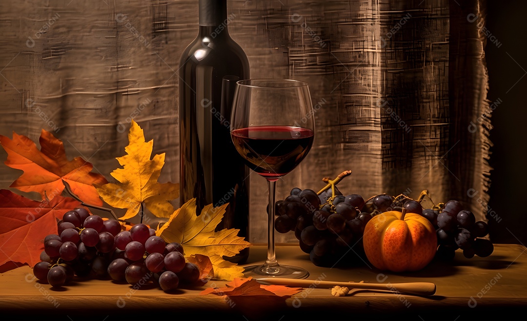 Garrafa e taça de vinho sobre a mesa com cachos de uvas