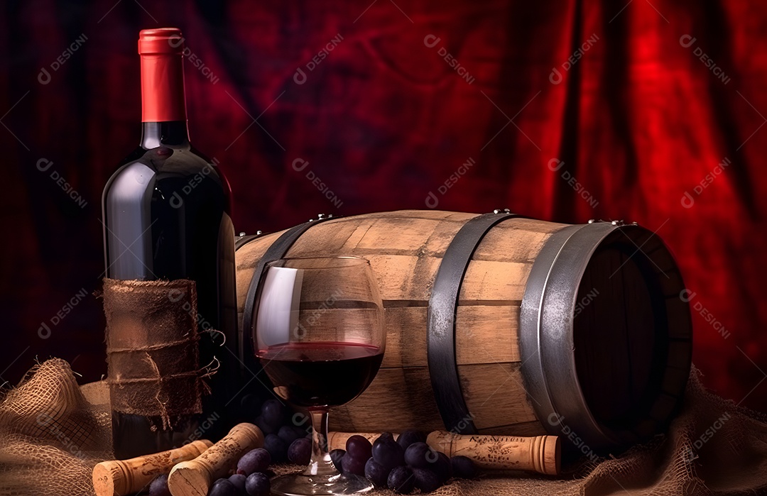 Garrafa de vinho tinto e barril de madeira