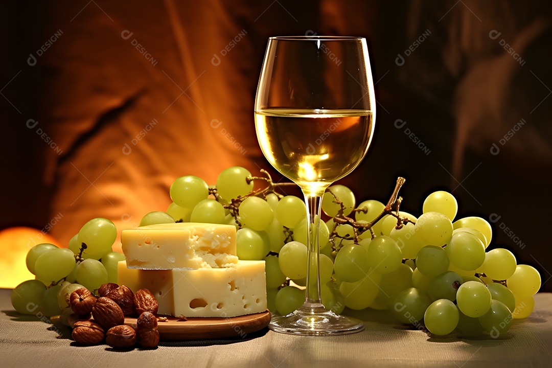 Taça de vinho branco com cachos de uvas e fatias de queijo