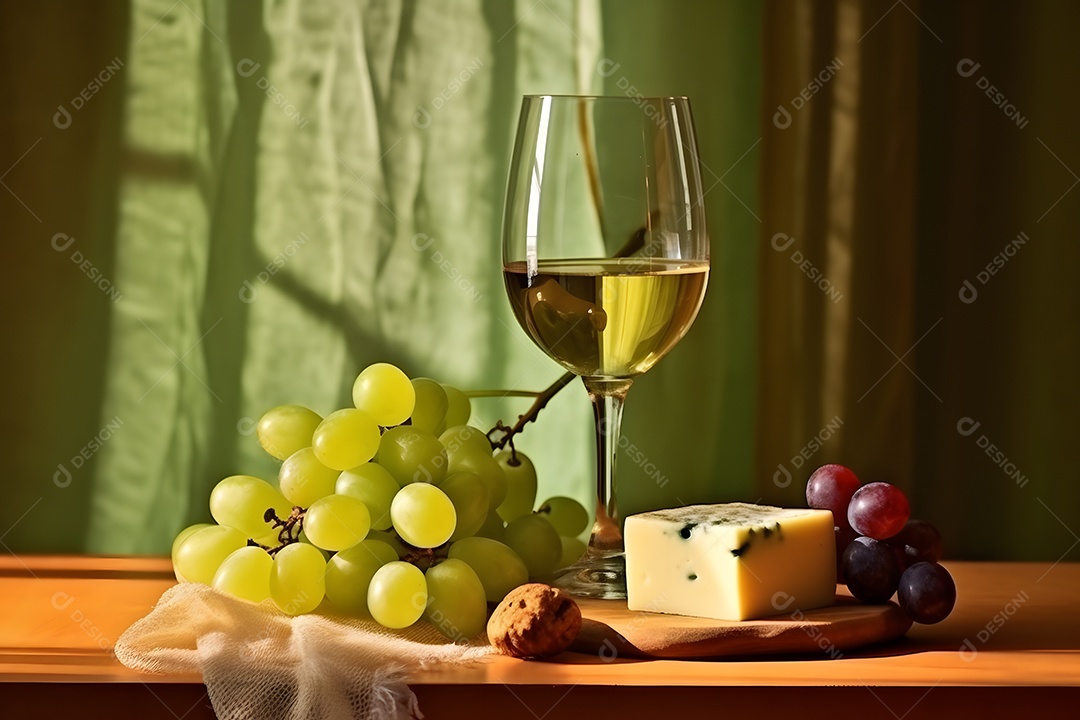 Taça de vinho branco com cachos de uvas e fatias de queijo