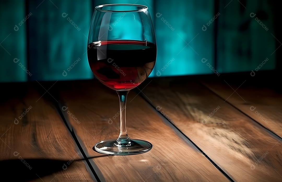 Taça de vinho tinto sobre a mesa de madeira