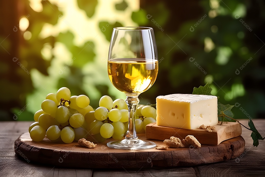Taça de vinho branco com cachos de uvas e fatias de queijo