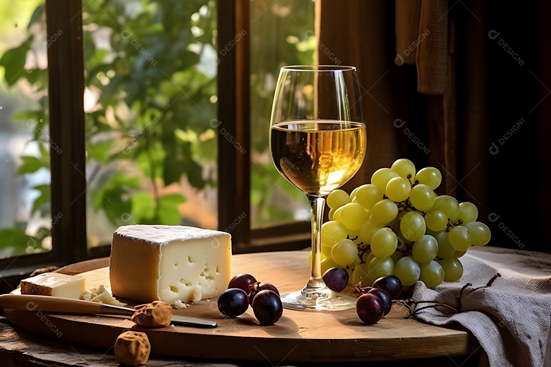 Taça de vinho branco com cachos de uvas e fatias de queijo