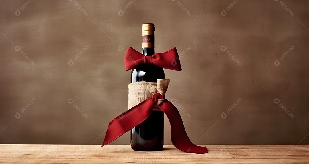 Garrafa de vinho tinto com laços vermelhos para presente