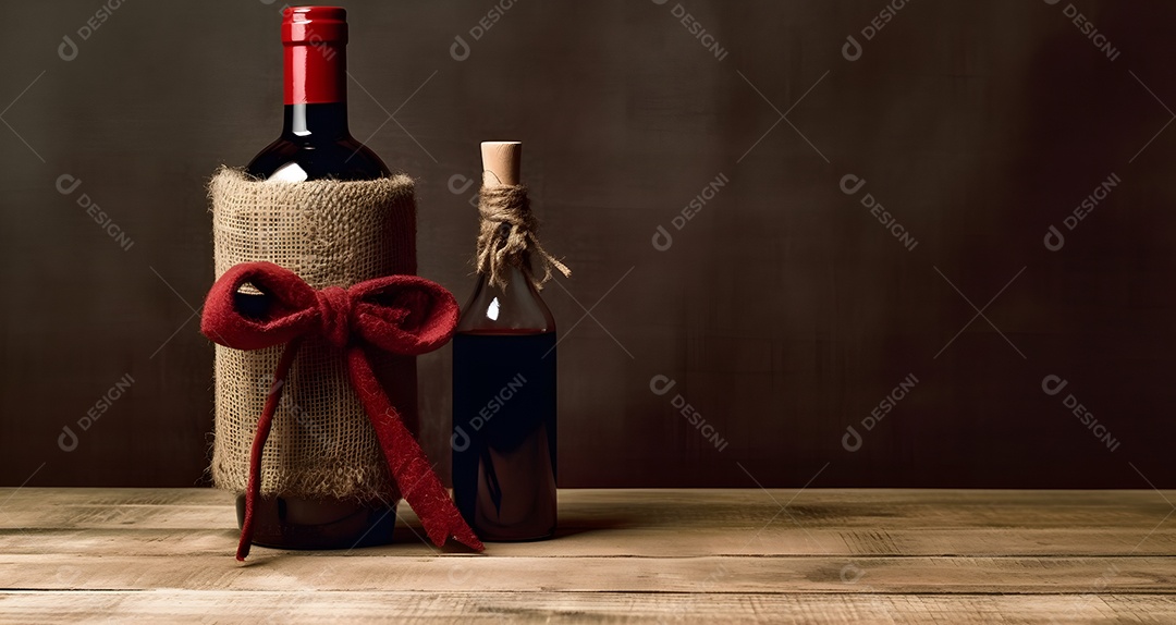 Garrafas de vinho tinto com laços vermelhos para presente