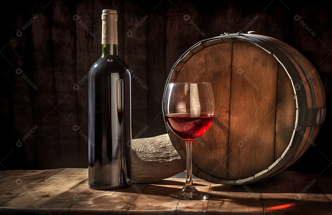 Garrafa e taça de vinho sobre mesa de madeira