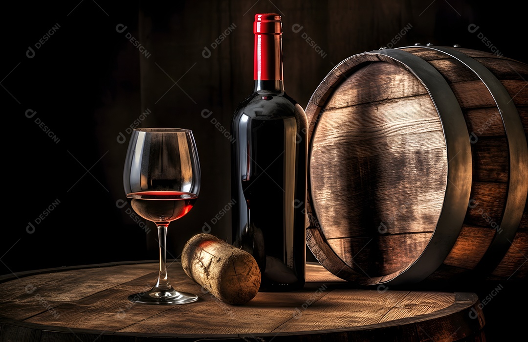 Garrafa e taça de vinho sobre mesa de madeira