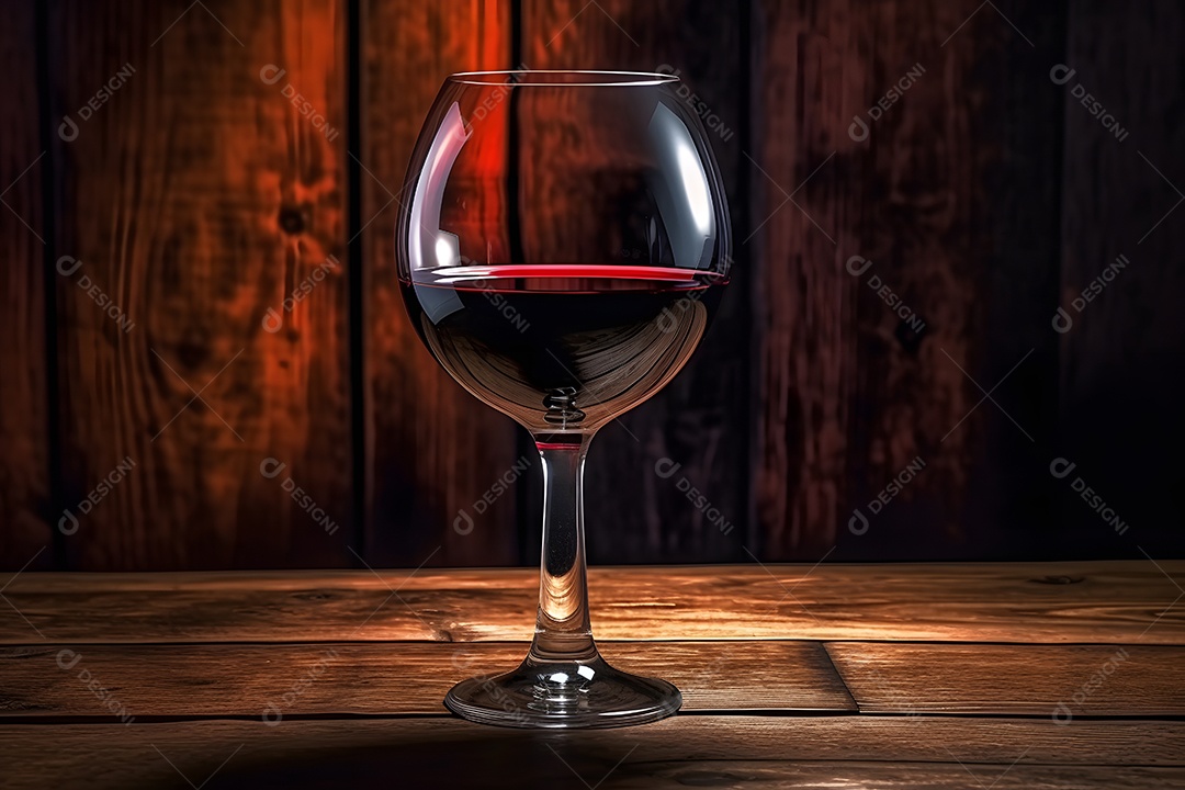 Taça de vinho tinto sobre a mesa de madeira