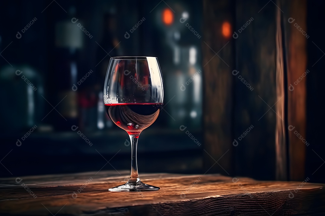Taça de vinho tinto sobre a mesa de madeira