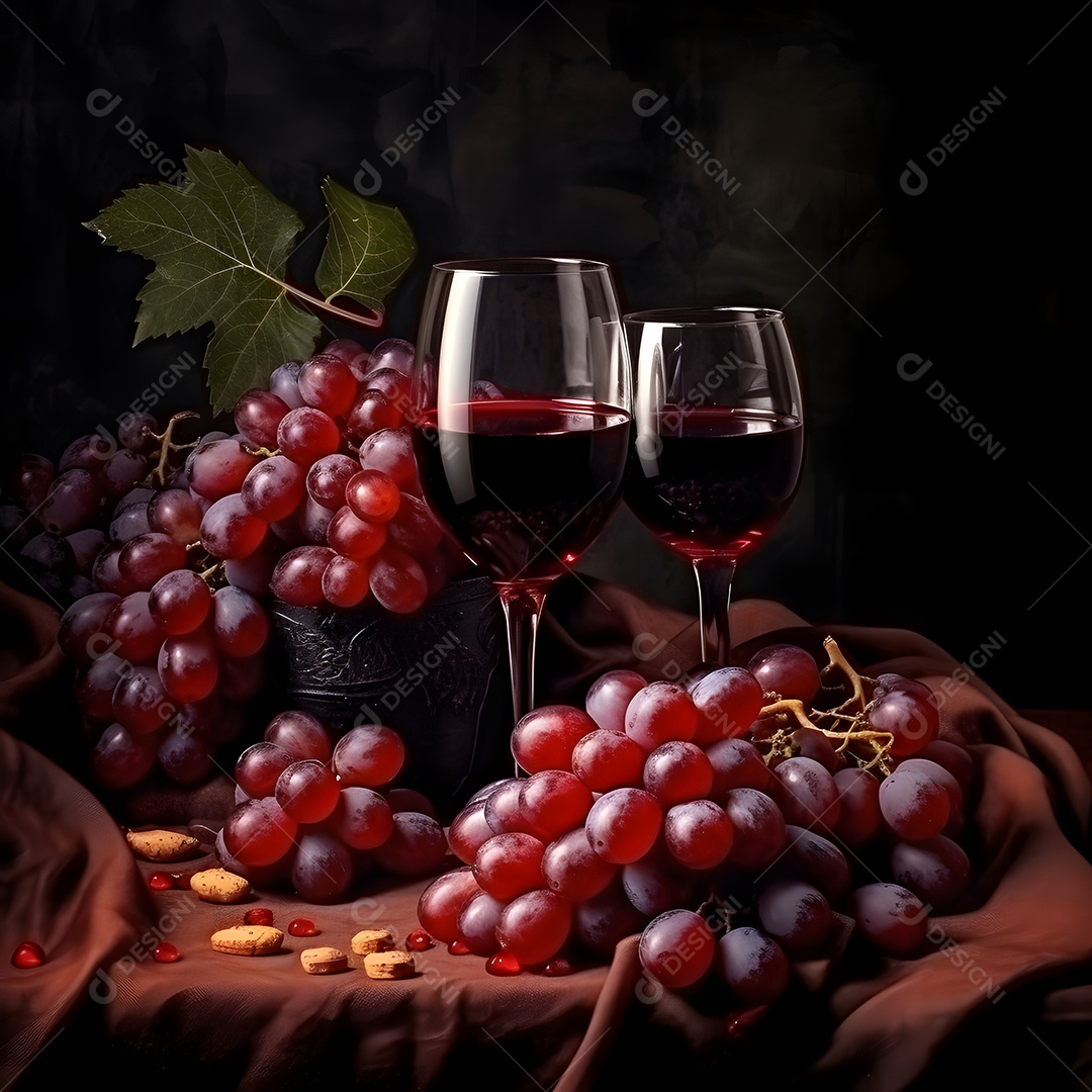 Taças de vinho tinto e cachos de uvas sobre a mesa de madeira