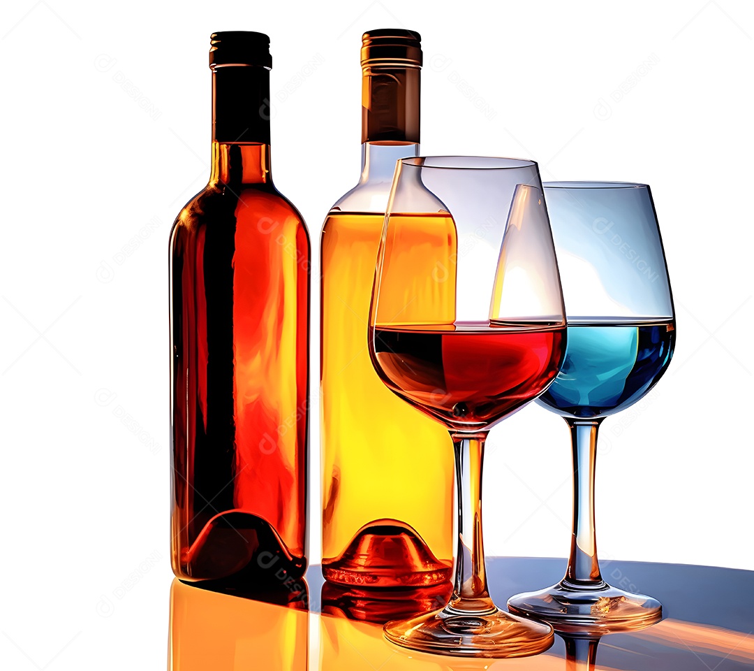 Garrafas de bebidas e taças sobre fundo branco