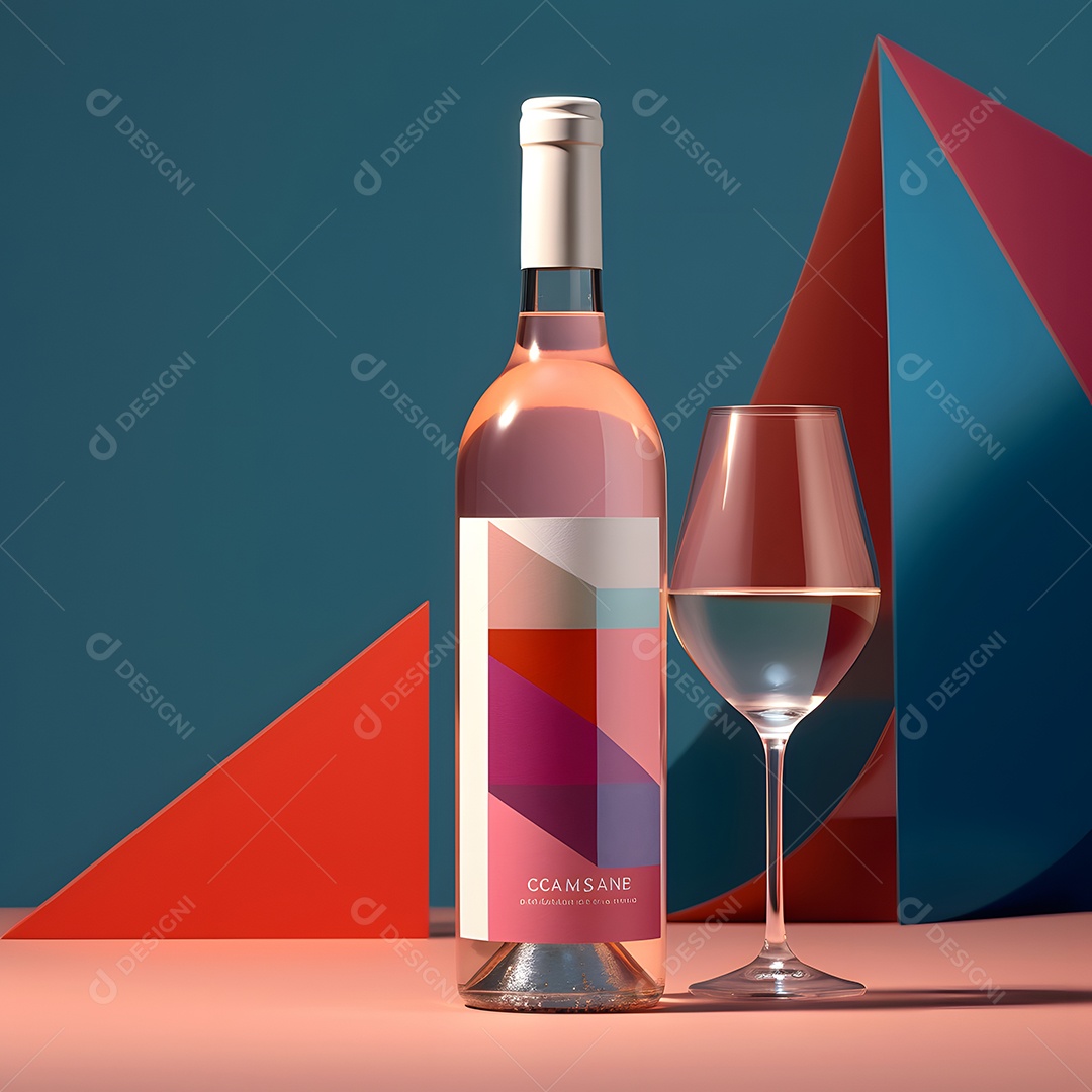 Garrafa e taça de vinho rose sobre a mesa