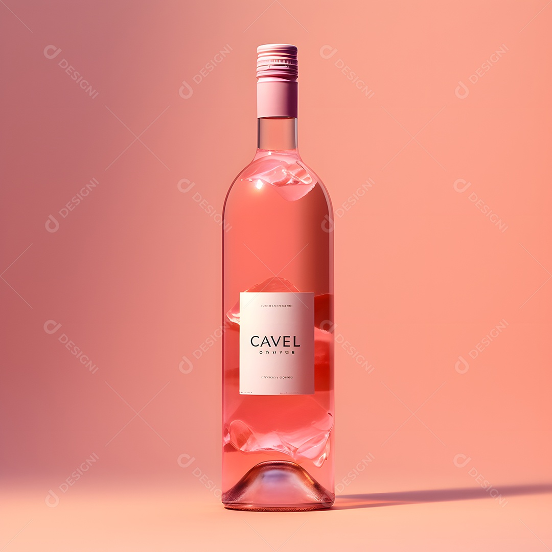 Garrafa de vinho rose sobre fundo rosa