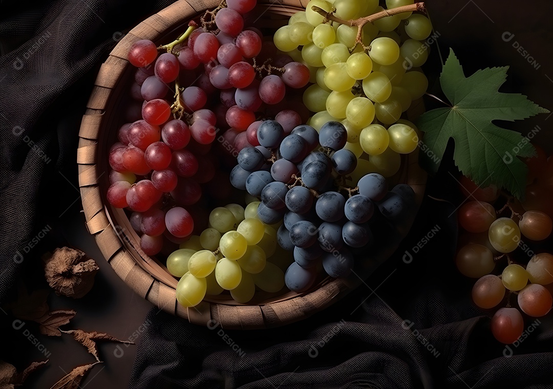 Tabua de madeira recheada de uvas maduras