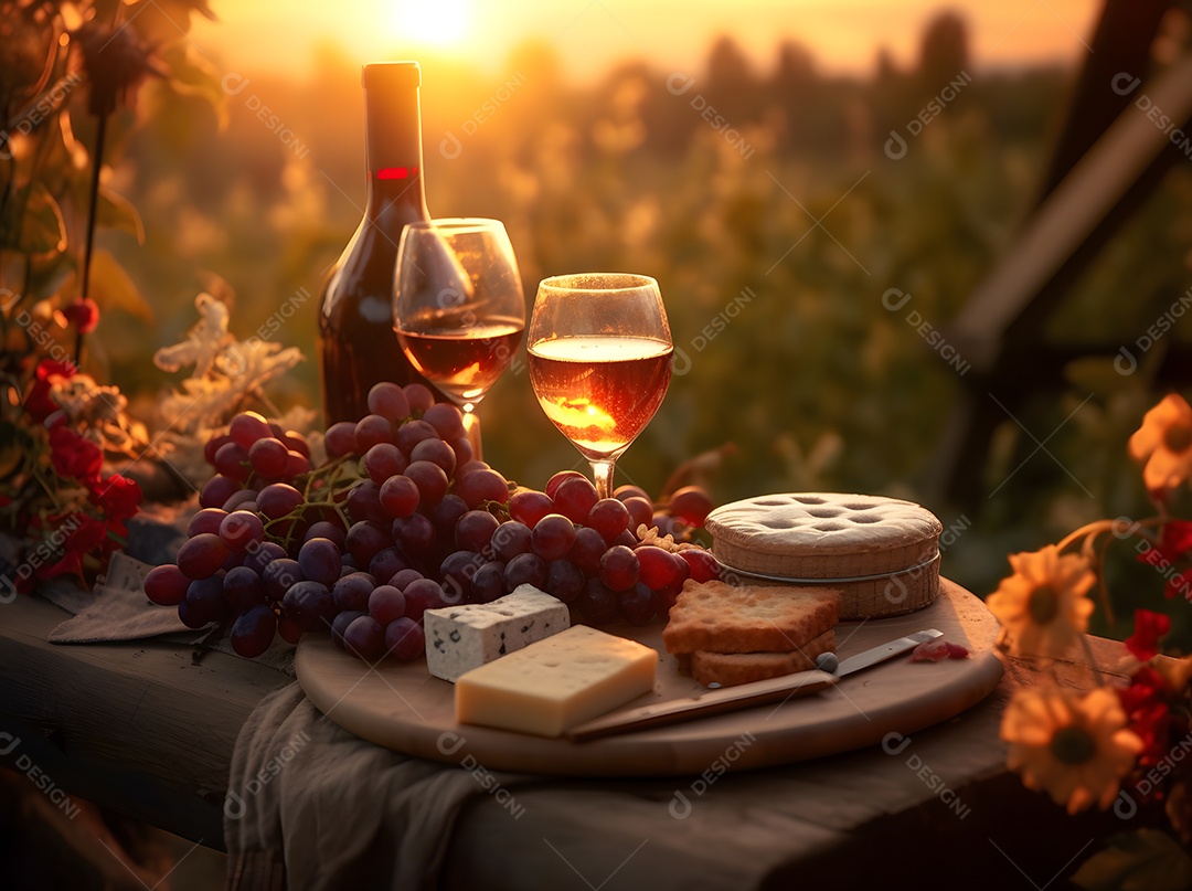 Garrafa e taça de vinho com petiscos sobre mesa de madeira