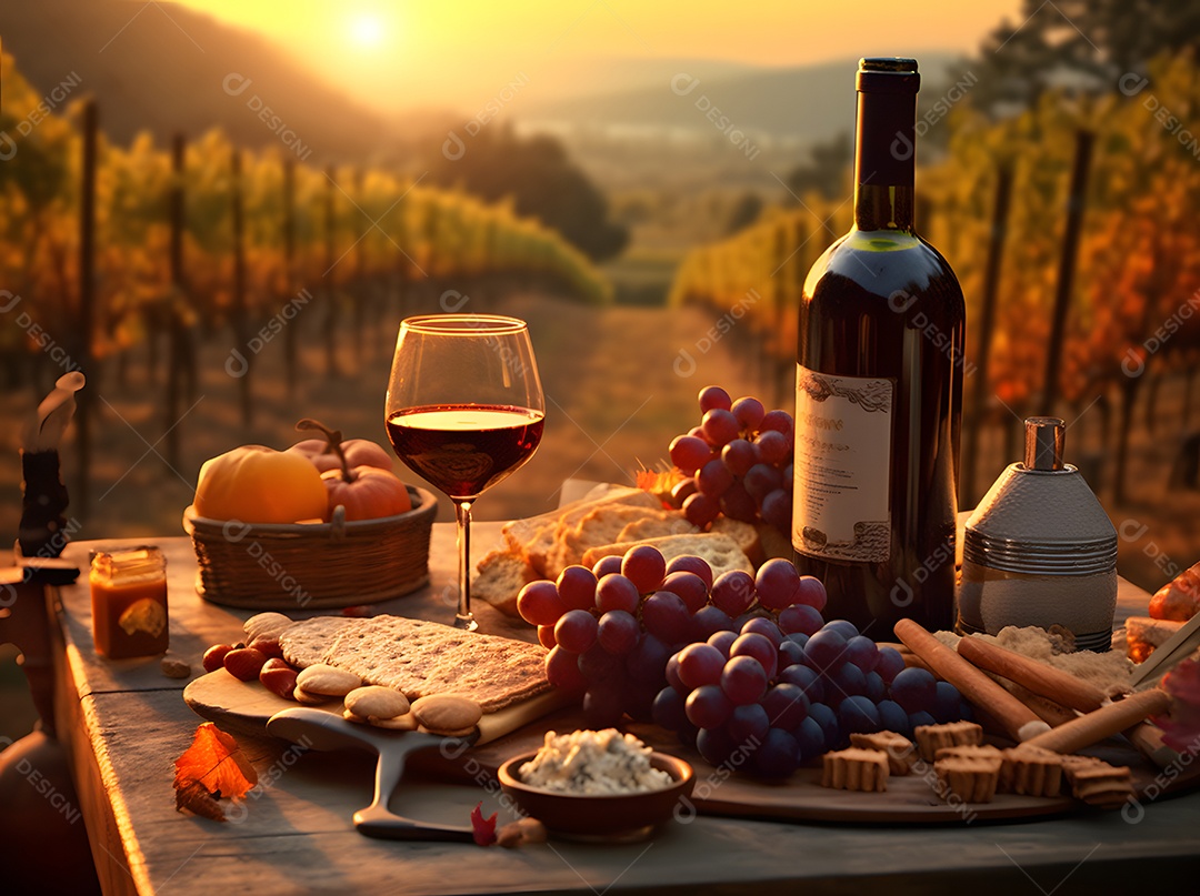 Garrafa e taça de vinho com petiscos sobre mesa de madeira