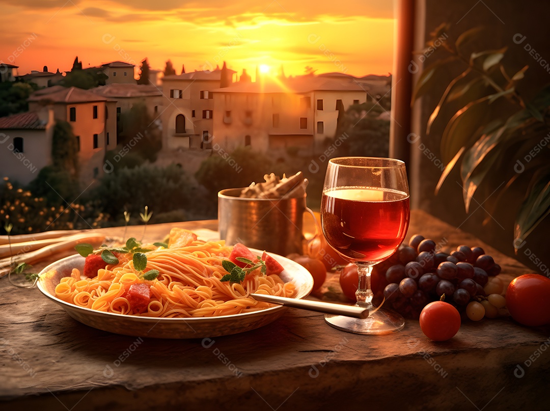 Deliciosa refeição com taça de vinho em mesa de madeira