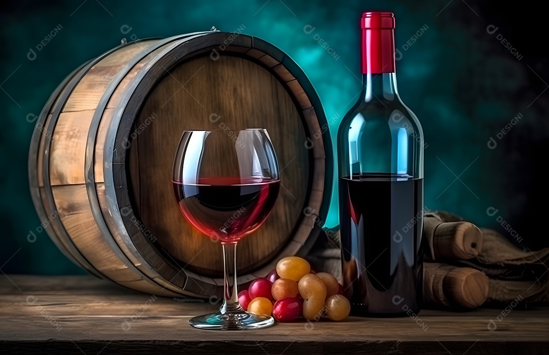 Garrafa e taça de vinho tinto sobre a mesa de madeira