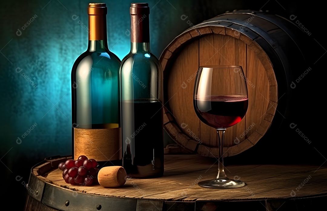 Garrafas de vinho tinto sobre barril de madeira