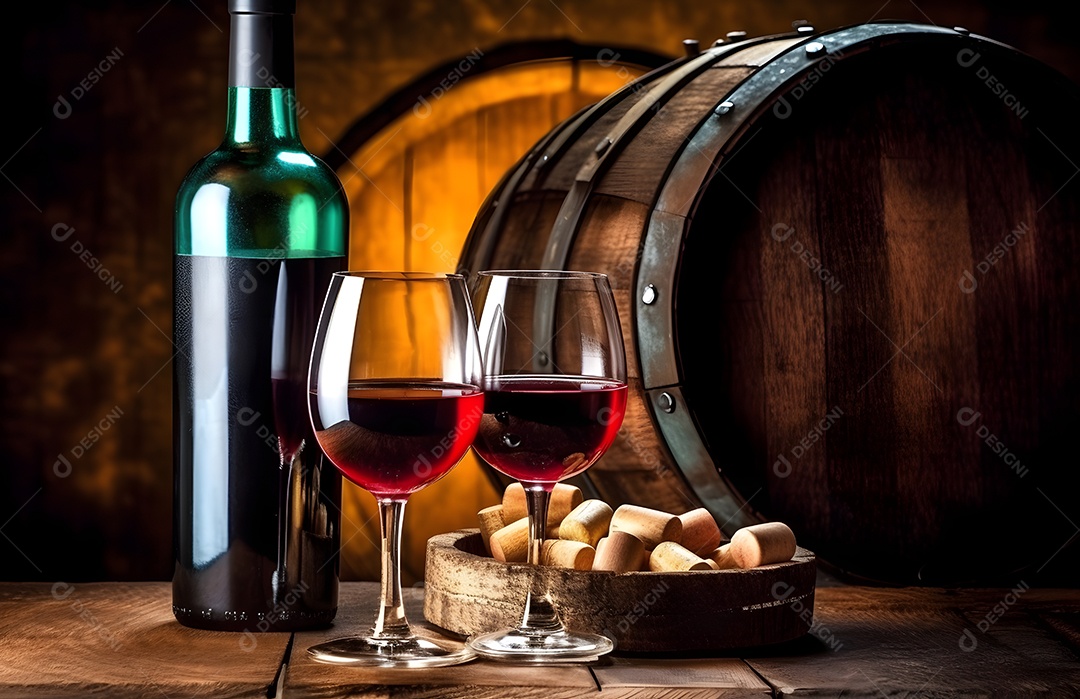 Garrafas de vinho tinto sobre barril de madeira