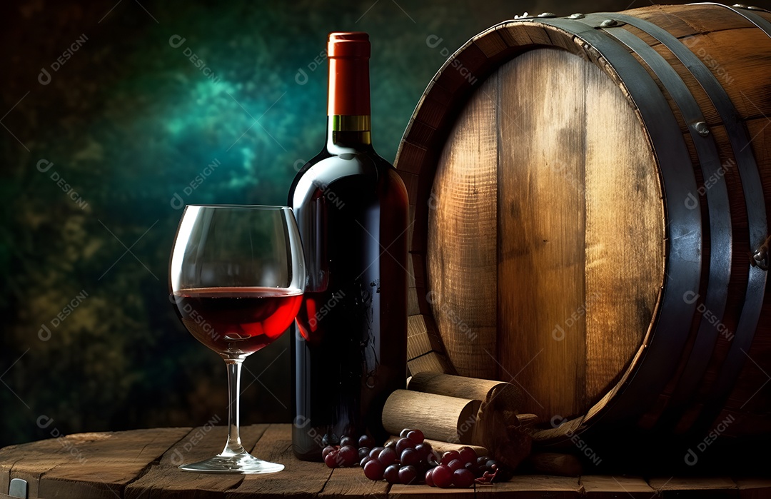 Garrafa de vinho tinto sobre barril de madeira