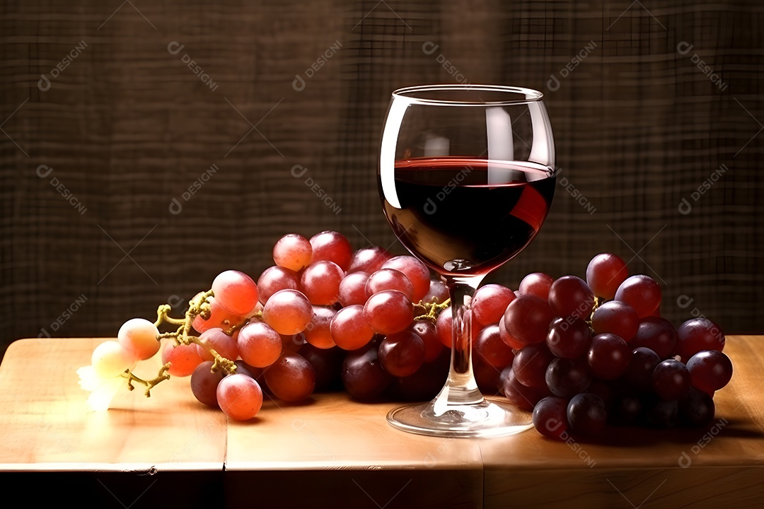 Taça de vinho tinto com cachos de uvas sobre a mesa de madeira