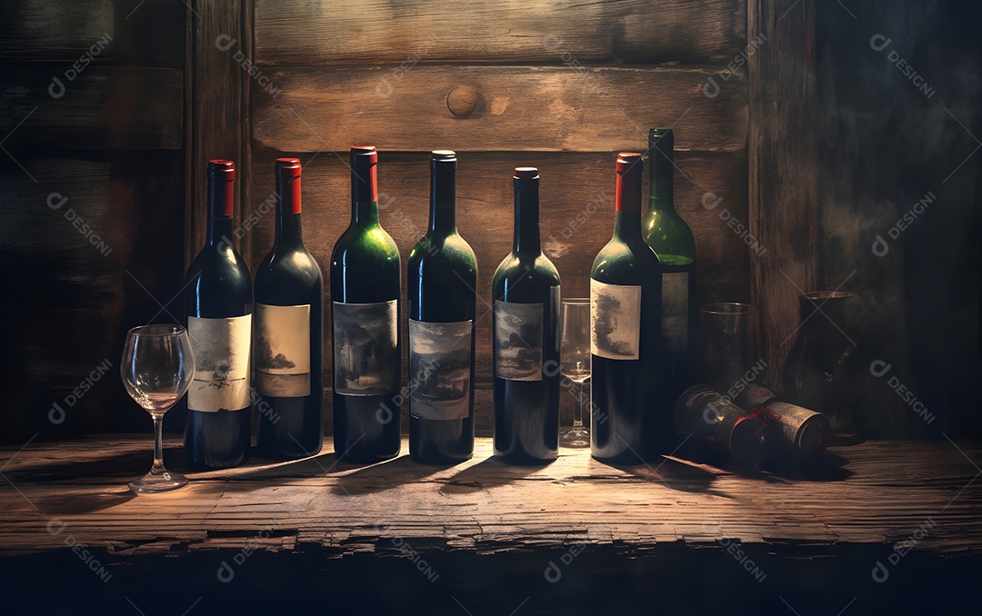 Garrafas de vinho enfileiradas sobre a mesa