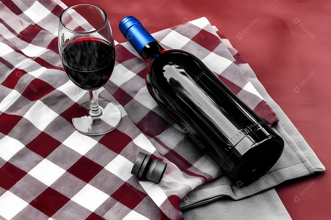 Garrafa e taça de vinho sobre tecido xadrez