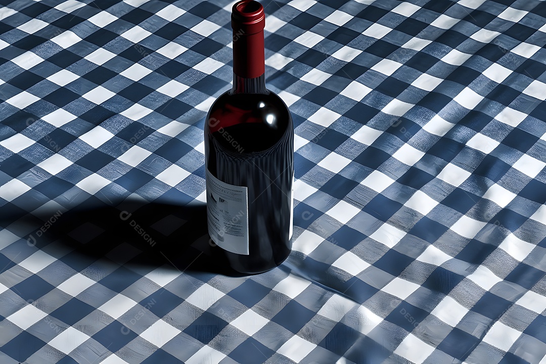 Garrafa de vinho tinto sobre tecido xadrez