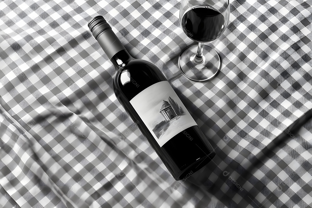 Garrafa e taça de vinho sobre tecido preto e branco