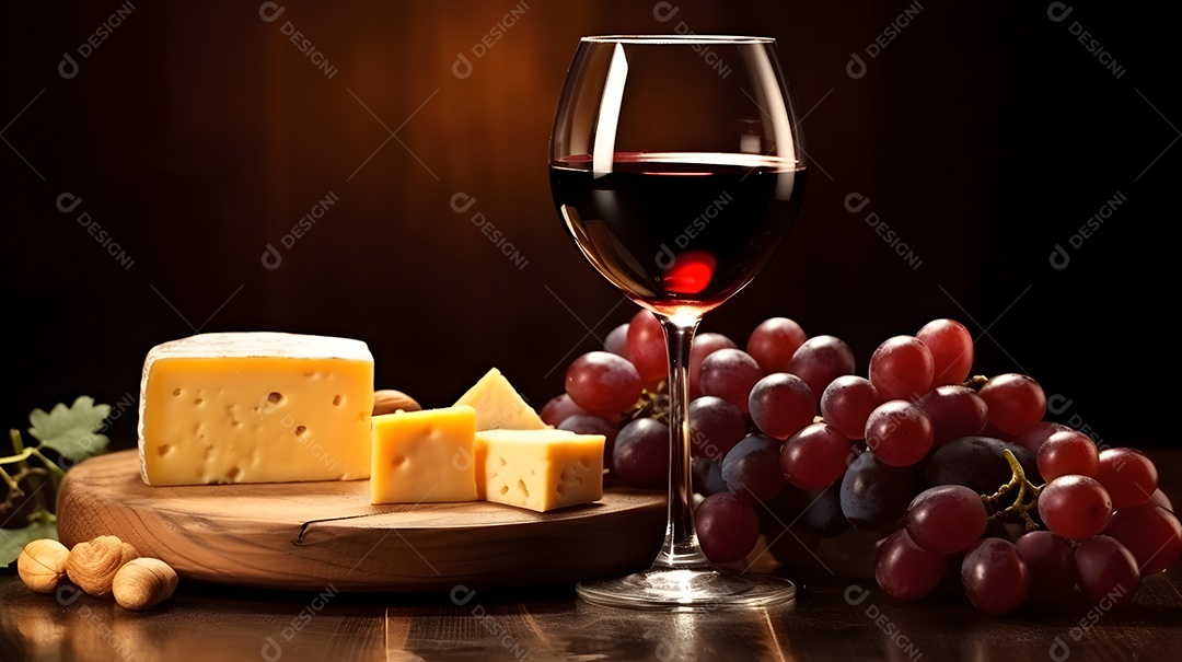 Taça de vinho e fatias de queijos sobre mesa de madeira