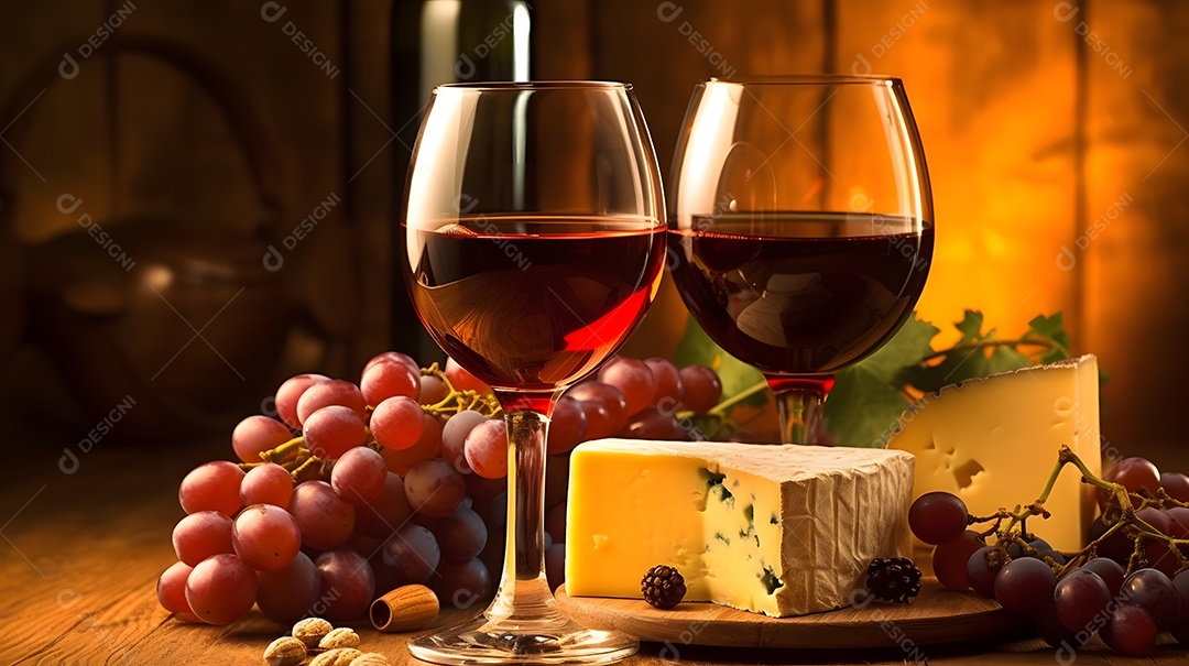 Taça de vinho e fatias de queijos sobre mesa de madeira