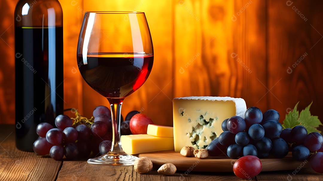 Taça de vinho e fatias de queijos sobre mesa de madeira