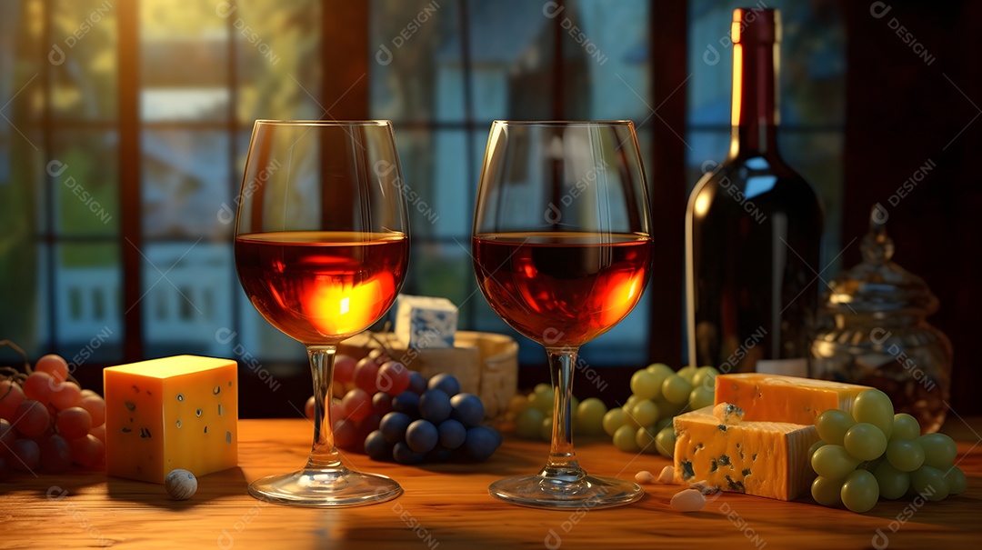 Taças de vinho e fatias de queijos sobre mesa de madeira