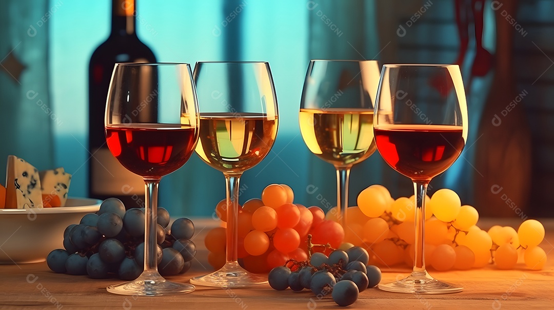 Taças de vinho e fatias de queijos sobre mesa de madeira
