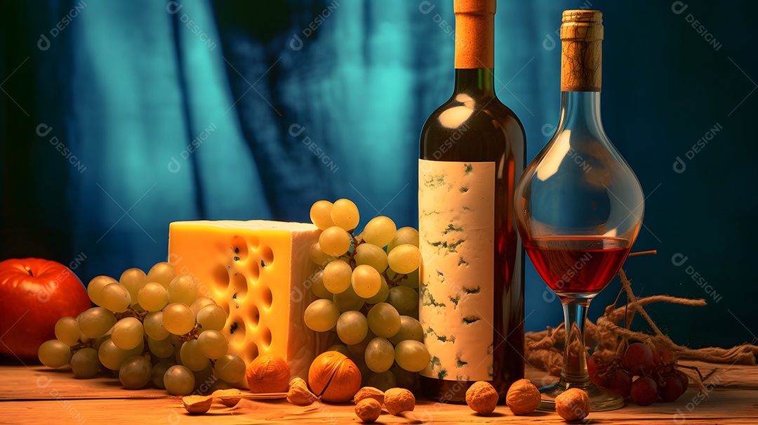 Garrafa e taça de vinho e fatias de queijos sobre mesa de madeira