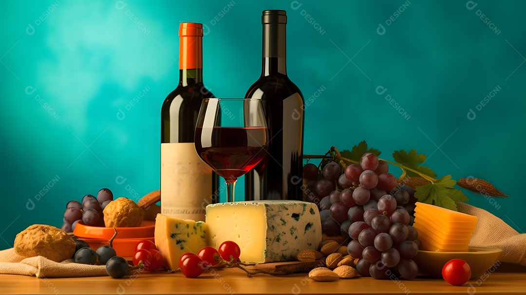 Garrafa e taça de vinho e fatias de queijos sobre mesa de madeira