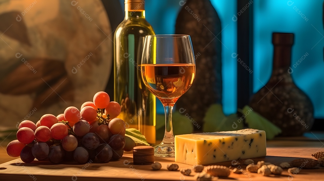 Garrafa e taça de vinho e fatias de queijos sobre mesa de madeira