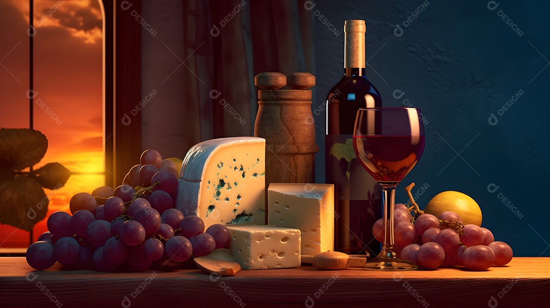 Garrafa e taça de vinho com queijos e cachos de uvas