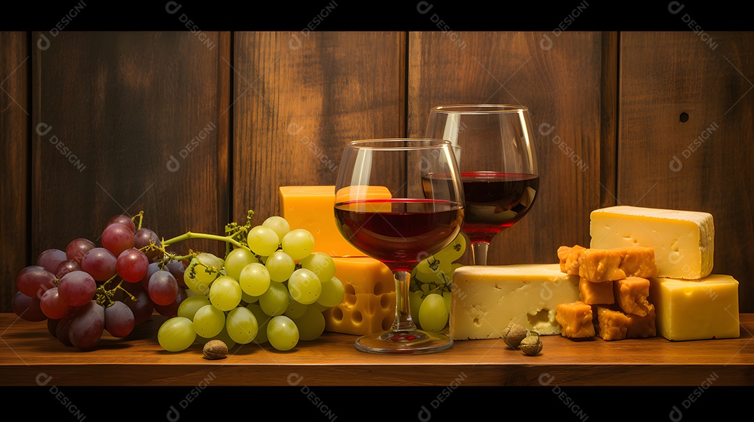 Taças de vinho com queijos e cachos de uvas