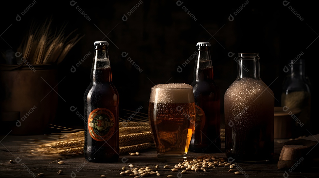 Garrafas de cerveja sobre a mesa de madeira