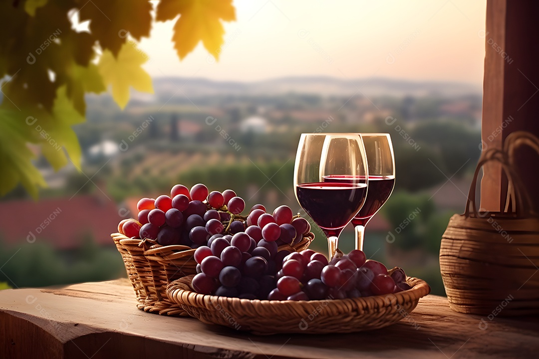 Garrafa e taças de vinho sobre a mesa de madeira