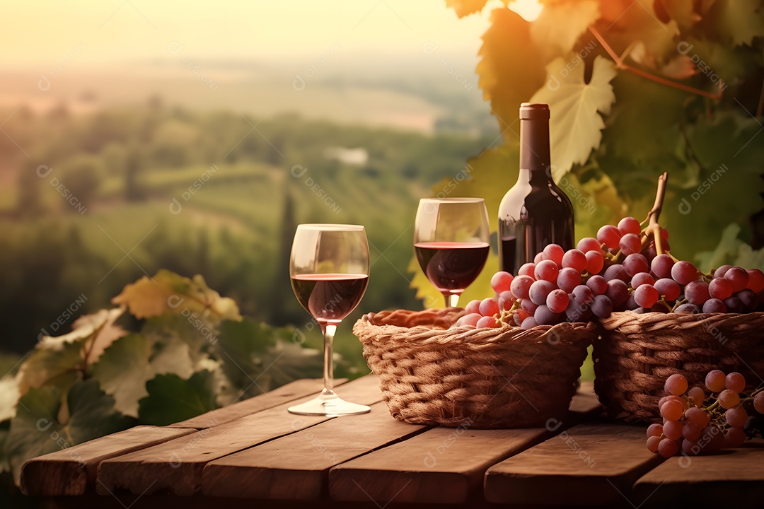 Garrafa e taças de vinho sobre a mesa de madeira