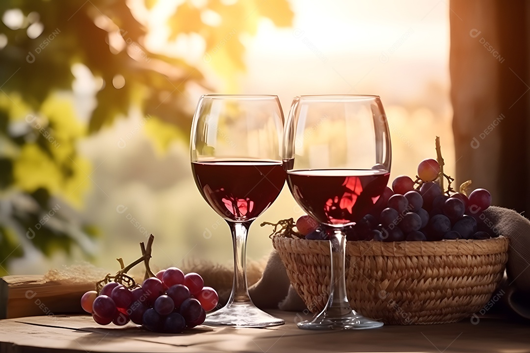 Taças de vinho sobre a mesa de madeira